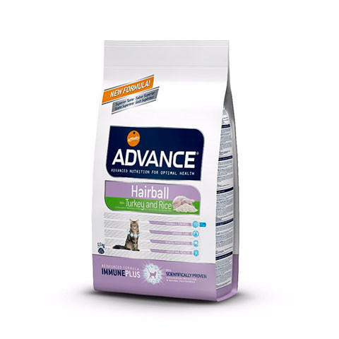 ADVANCE Hairball корм сухой для вывода шерсти у кошек индейка и рис