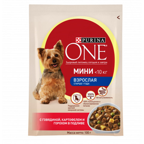 Purina One Мини Взрослая корм консервированный для собак с говядиной картофелем и горохом в подливе